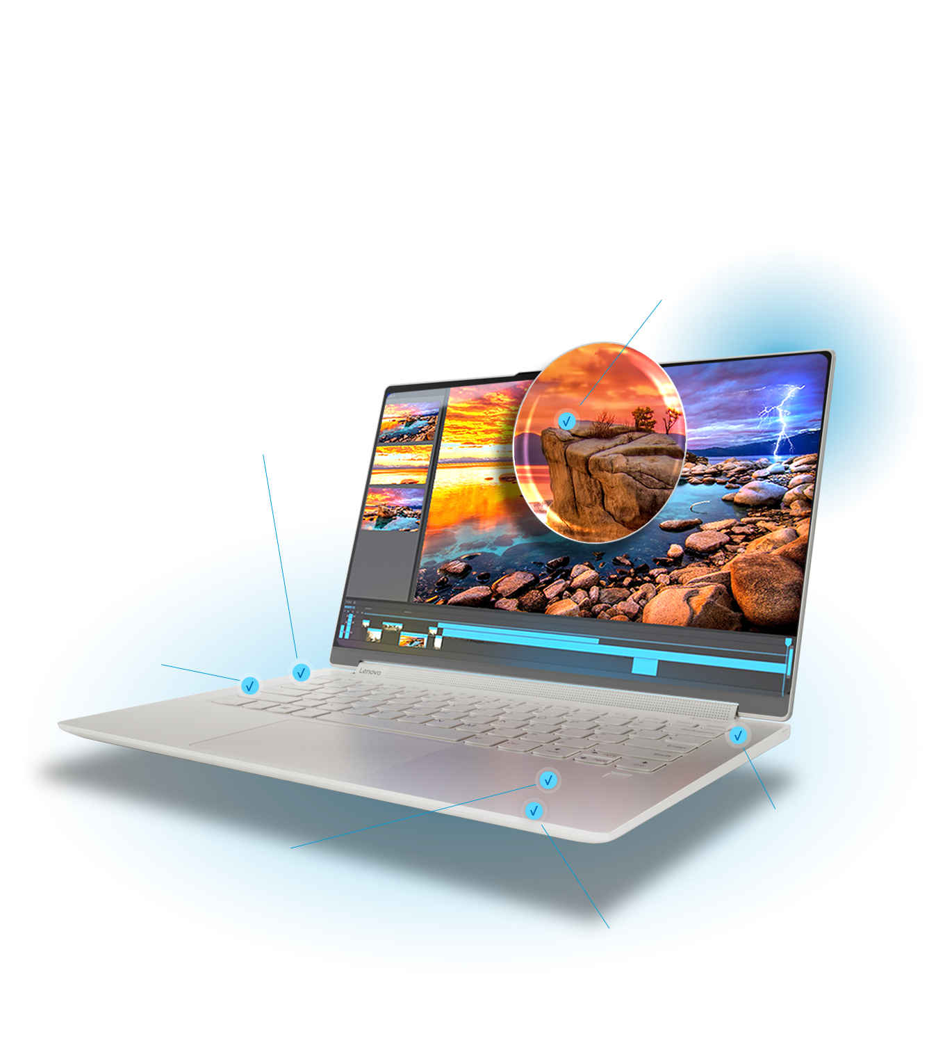 Le portable Yoga 9i ouvert, met en valeur diverses fonctionnalités : affichage immersif, Intel WiFi 6, Thunderbolt™ 4, etc.