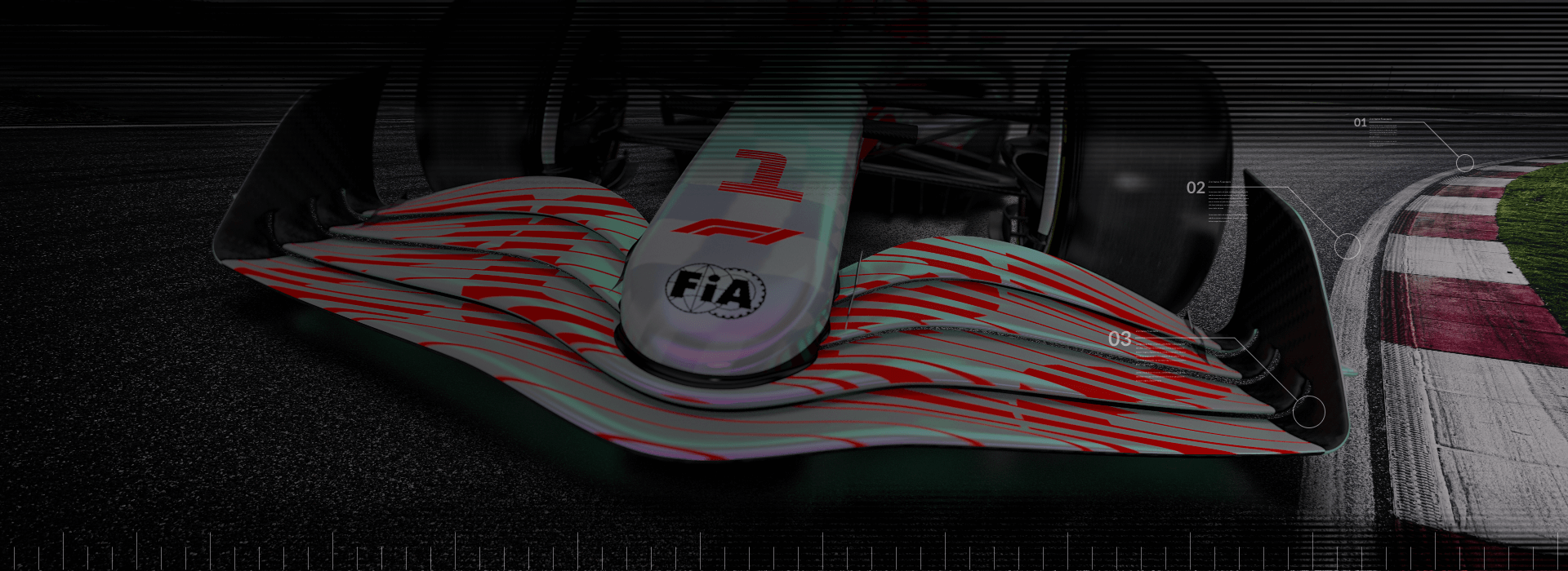 Un gros plan d’une F1 conduite sur une courbe d’un circuit.