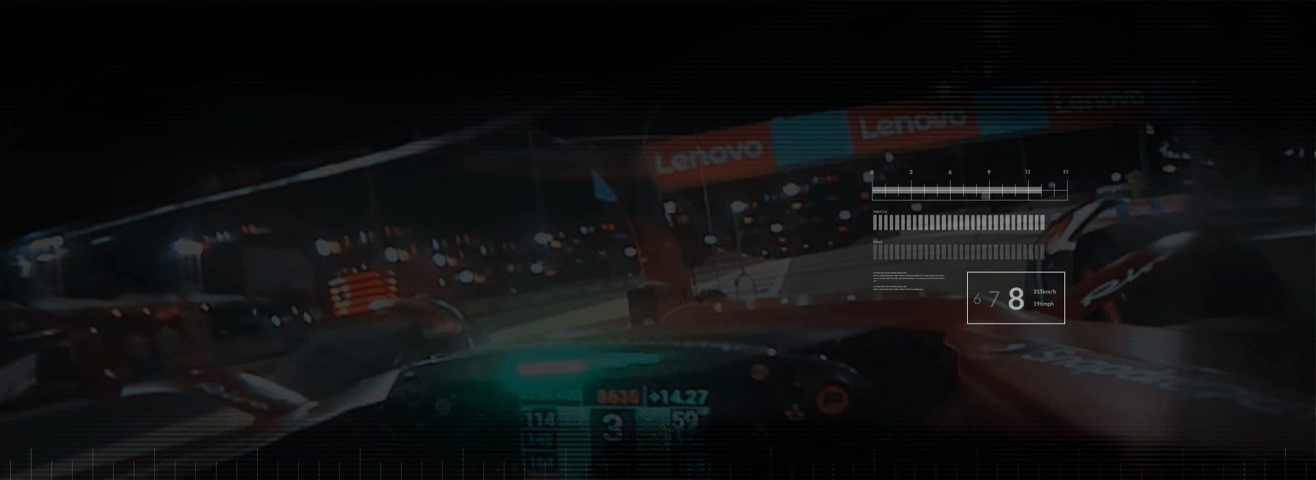 Interior perspective of a F1 race car driver passing Lenovo banners on a track