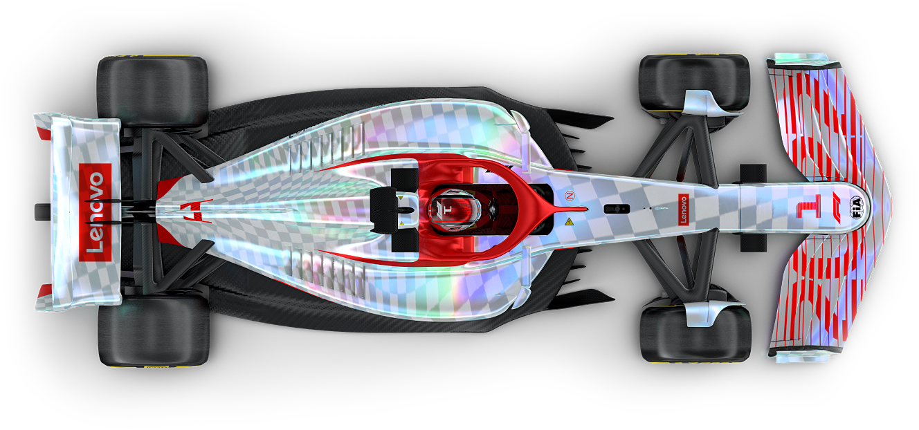 Une voiture de F1 sponsorisée par Lenovo en livrée holographique traversant la page