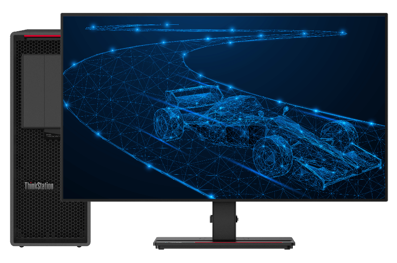 Lenovo ThinkStation con planos de un auto de F1 en una pista de carreras en pantalla.