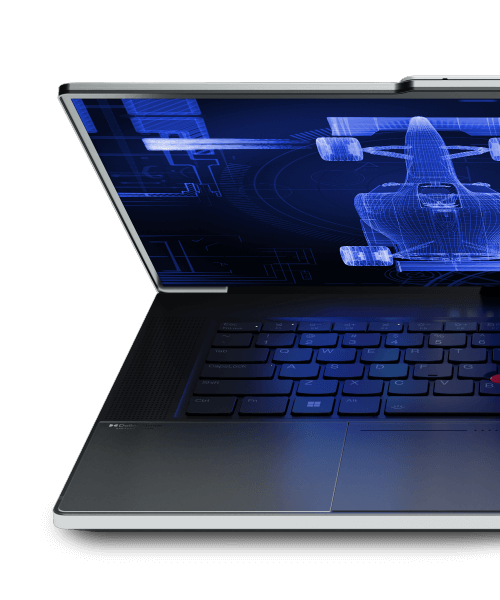El Lenovo ThinkPad con un dibujo azul de un coche de carreras de F1 en pantalla
