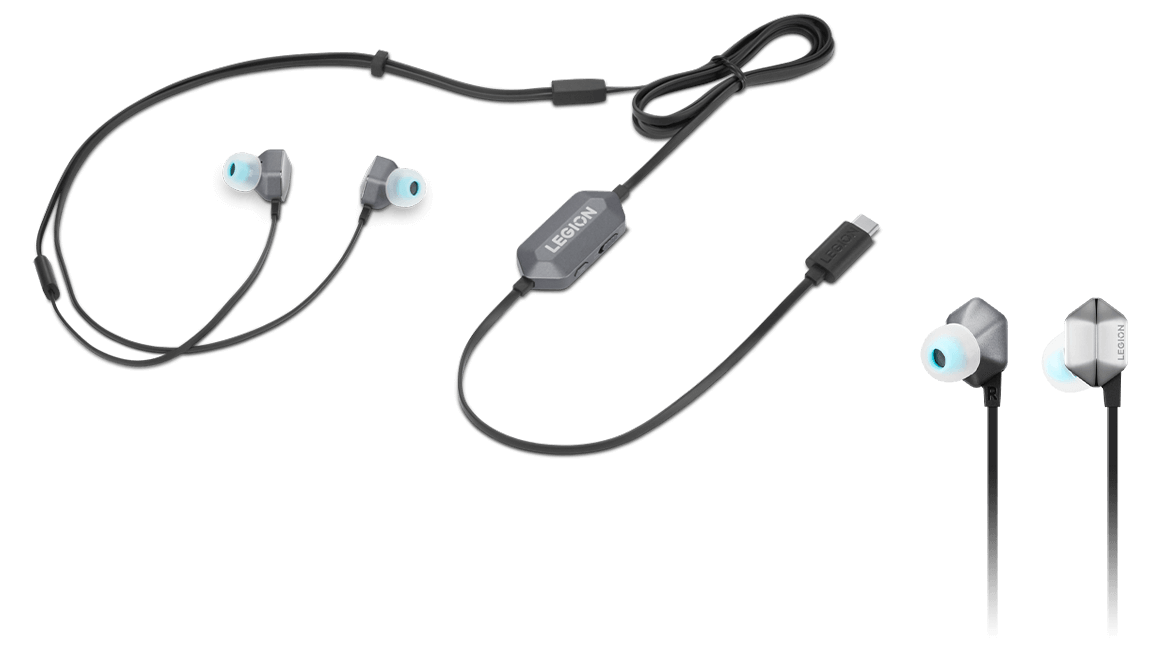 Lenovo Legion E510 7.1 RGB Gaming In-Ear Headphones, showing wire and USB-C connector, with bottom left closeup of earbud component