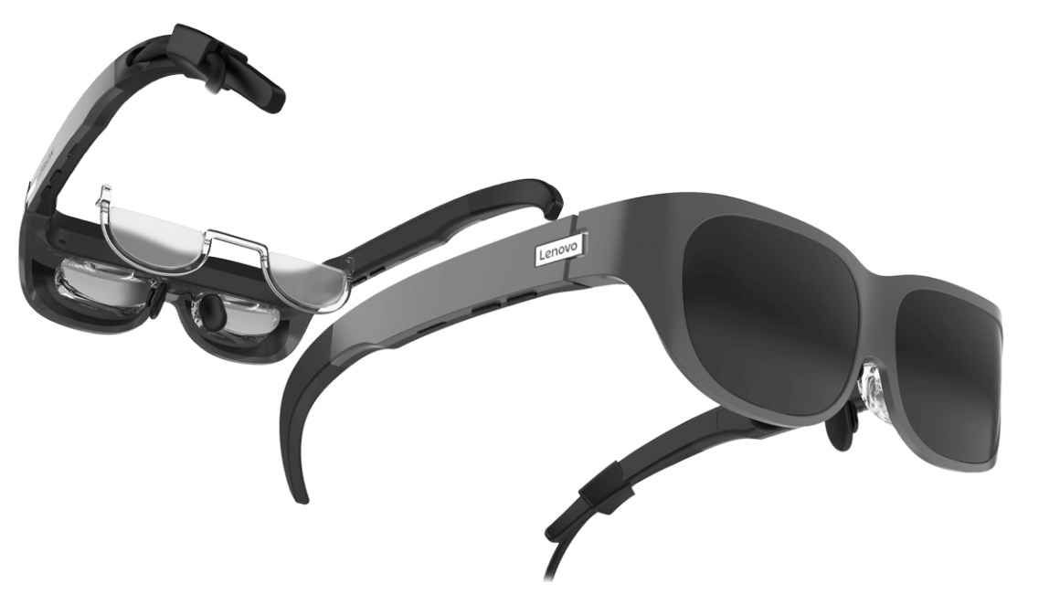 Front and back angle views of Lenovo Legion Glasses wearable, plug-and-play monitor