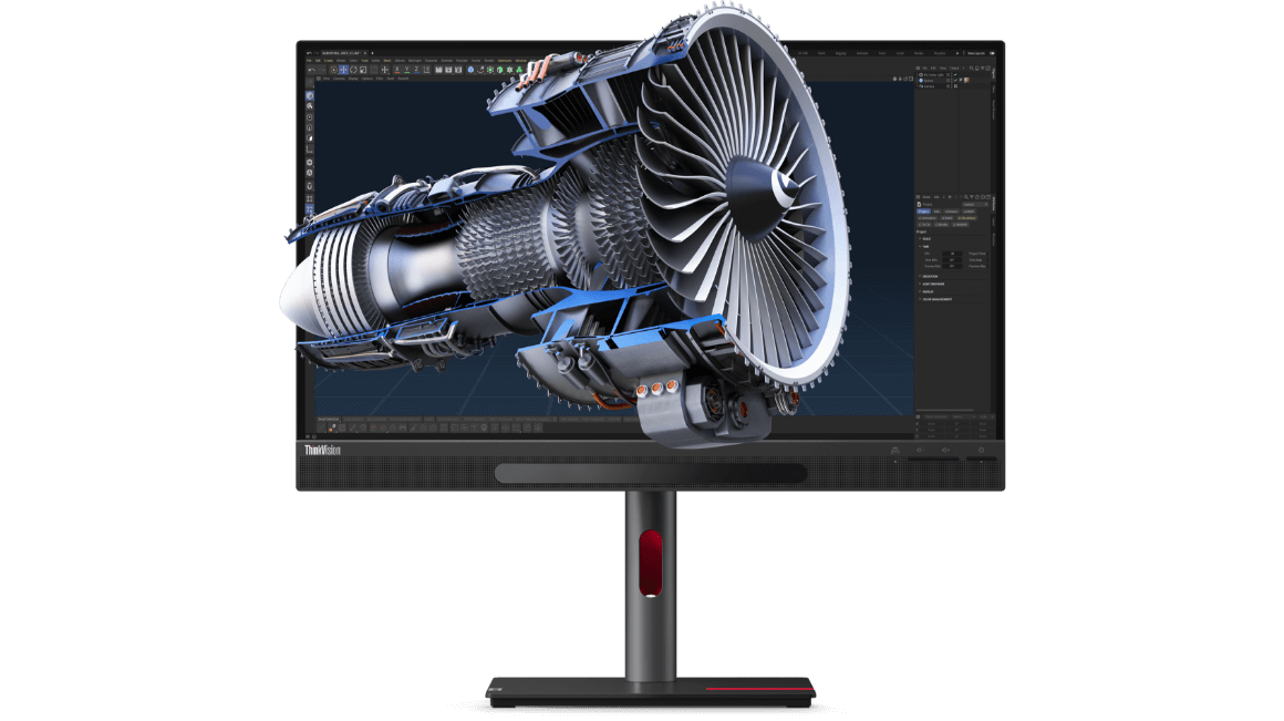 Front view of the Lenovo ThinkVision 27 3D Monitor, with a burst-out graphic of a jet engine emerging from the display
