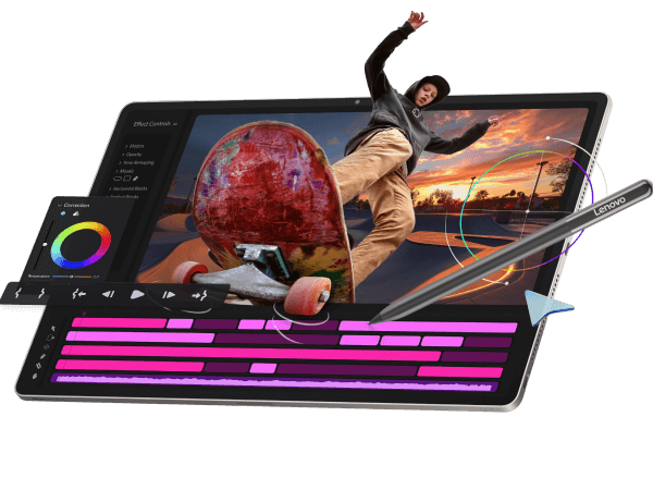 A young person on a skateboard emerges from the display of a landscape-oriented Lenovo tablet as a Lenovo stylus makes video editing selections in a menu at the bottom.