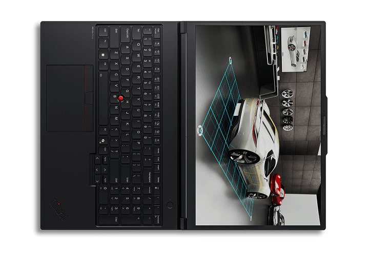 A Lenovo ThinkPad P16 Gen 3 mobile workstation – view from above with lid open flat.