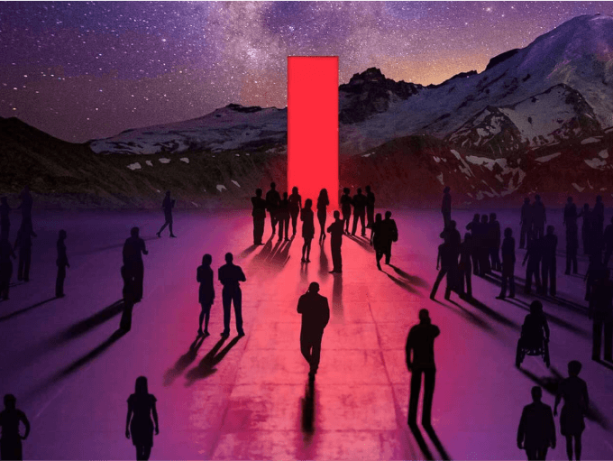 A crowd gathers near a rectangular portal with mountains and a starry sky in the background. 