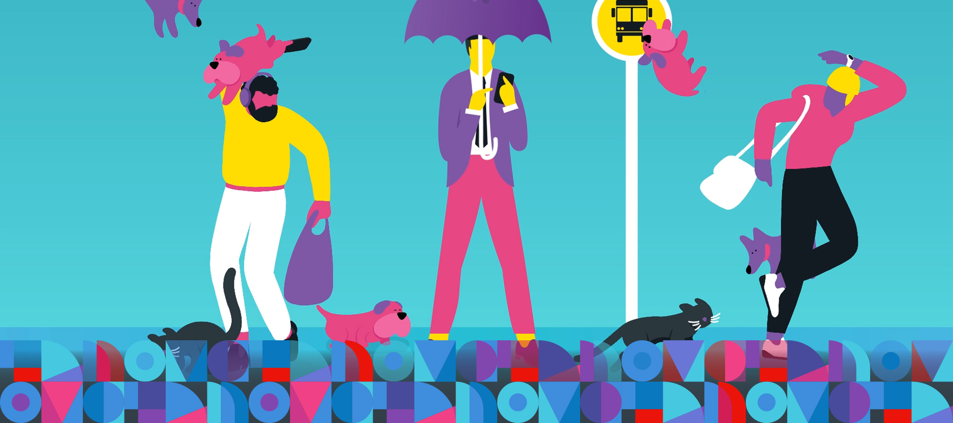 Colorful illustration of three people at a bus stop with cats and dogs falling from the sky