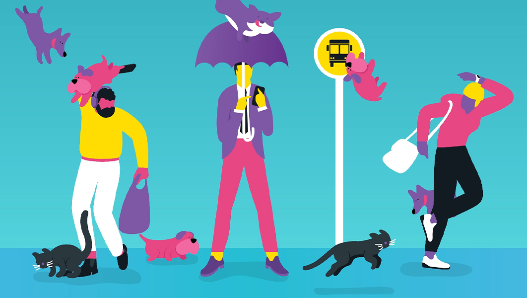 Colorful illustration of three people at a bus stop with cats and dogs falling from the sky
