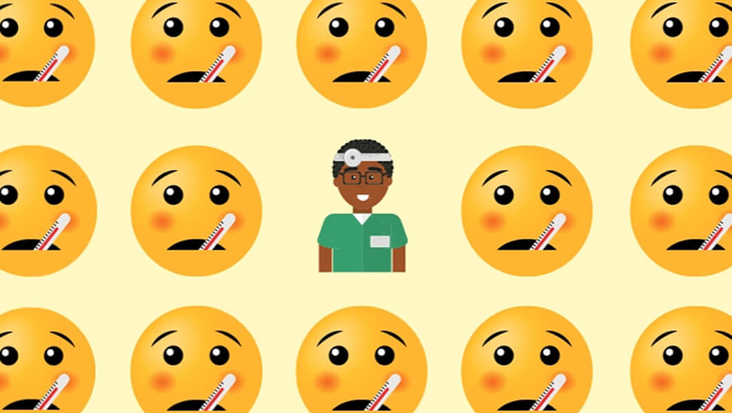 Emoji of a doctor surrounded by emoji faces with thermometers in their mouths