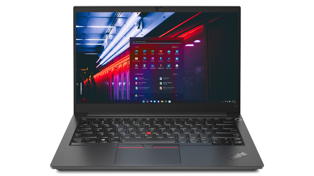 Vooraanzicht van zwarte Lenovo ThinkPad E14 Yoga Gen 2 met toetsenbord