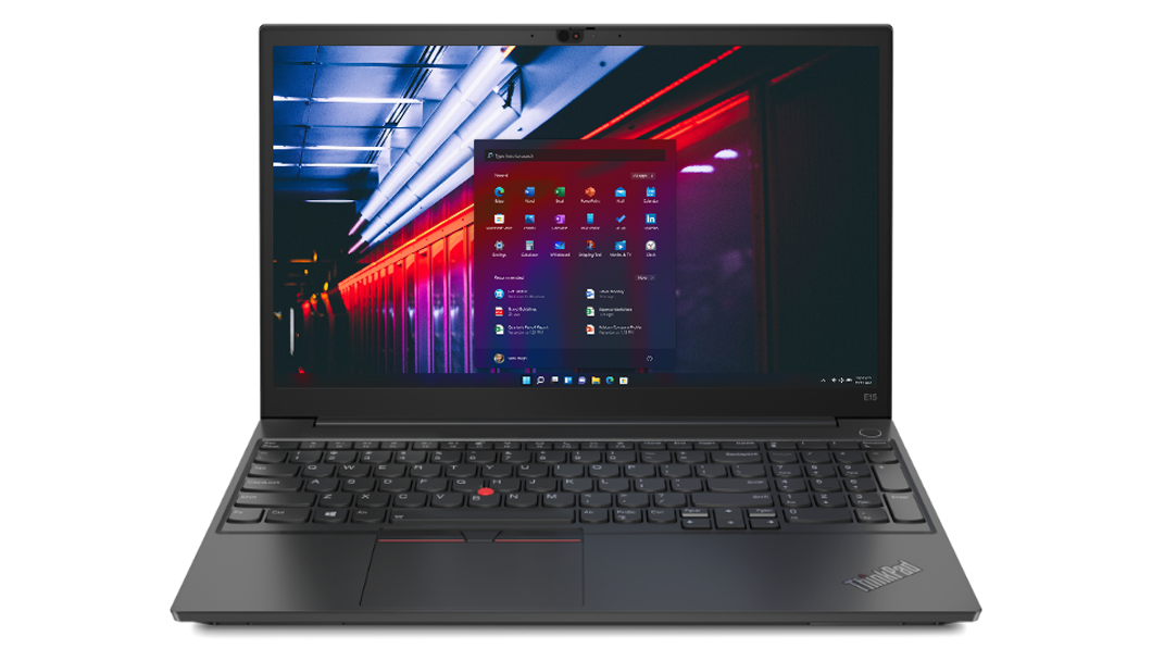 Front view of black Lenovo ThinkPad E15 Gen 2 with keyboard showing