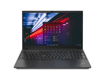 Front view of black Lenovo ThinkPad E15 Gen 2 with keyboard showing