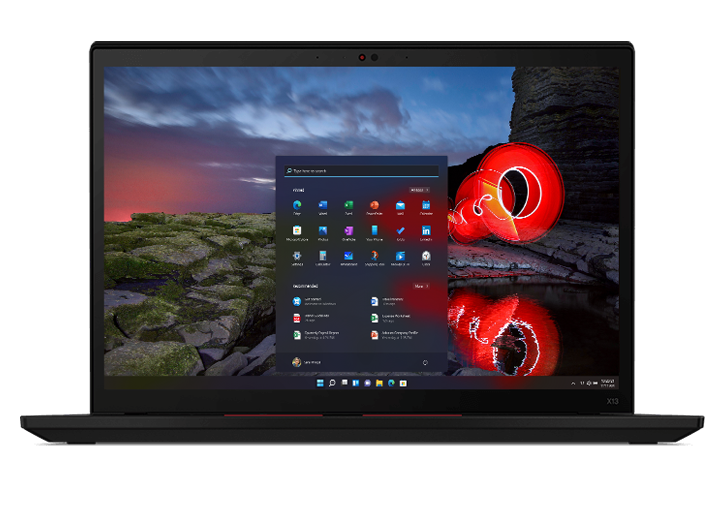 ThinkPad X13 Gen 2 (13” Intel) laptop – front view, lid open, with picture of rocks, sky, and red motion graphic superimposed on the display
