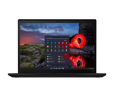 ThinkPad X13 Gen 2 (13” Intel) laptop – ThinkPad X13 Gen 2 (13” Intel) laptop – front view, lid open, with picture of rocks, sky, and red motion graphic superimposed on the display