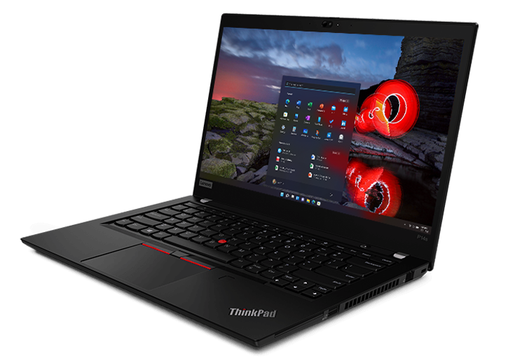 Lenovo ThinkPad P14s Gen 2 (14'' AMD)  yrityskannettava etuvasemmalta kuvattuna