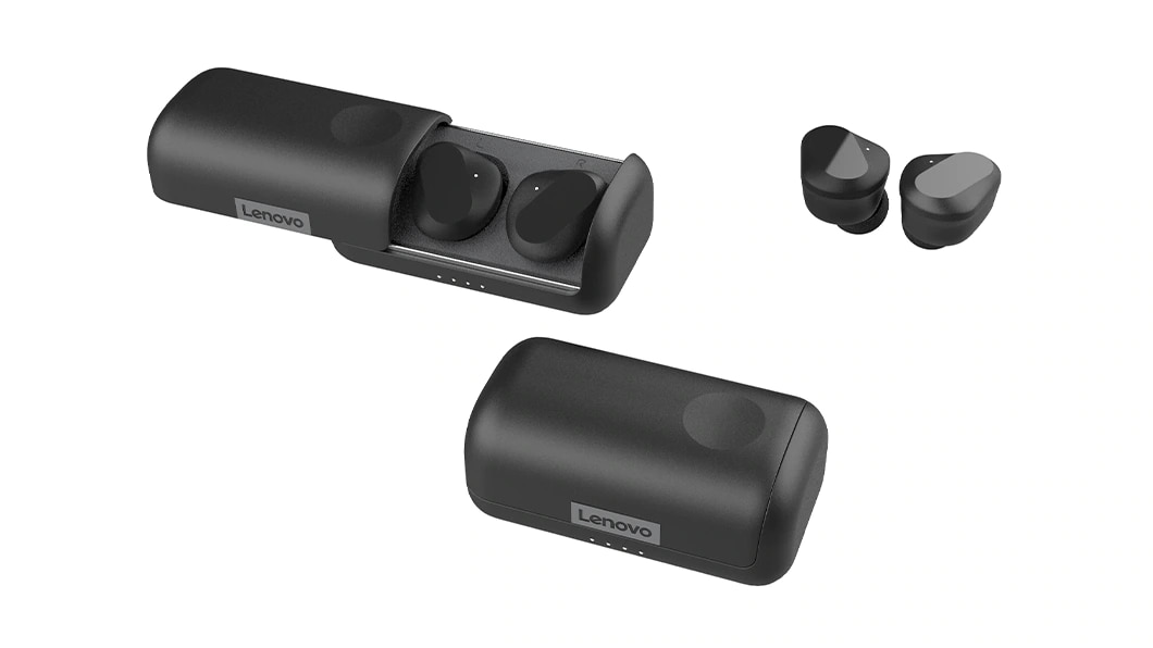 Imagen de los auriculares inalámbricos de Lenovo en interacción con otros dispositivos Lenovo