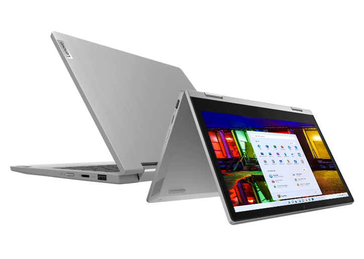 Two silver Lenovo IdeaPad Flex 3 11 ADA laptops, one positioned in left three-quarter view and one positioned in right three-quarter view tent mode.