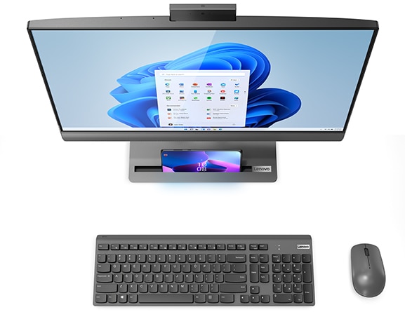 Vue de dessus du PC tout-en-un Lenovo IdeaCentre AIO 5i Gen 7, montrant le support de téléphone, le clavier et la souris.