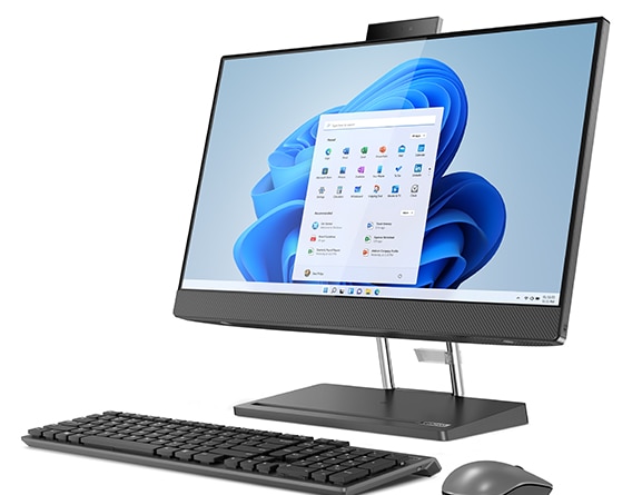 Three-quarter facing Lenovo IdeaCentre AIO 5i Gen 7 All-in-one PC with keyboard and mouse.