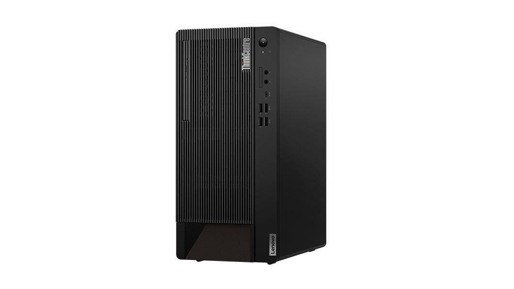 Front facing Lenovo ThinkCentre M90t Gen 2 tower positioned vertically, slightly angled to show right side.