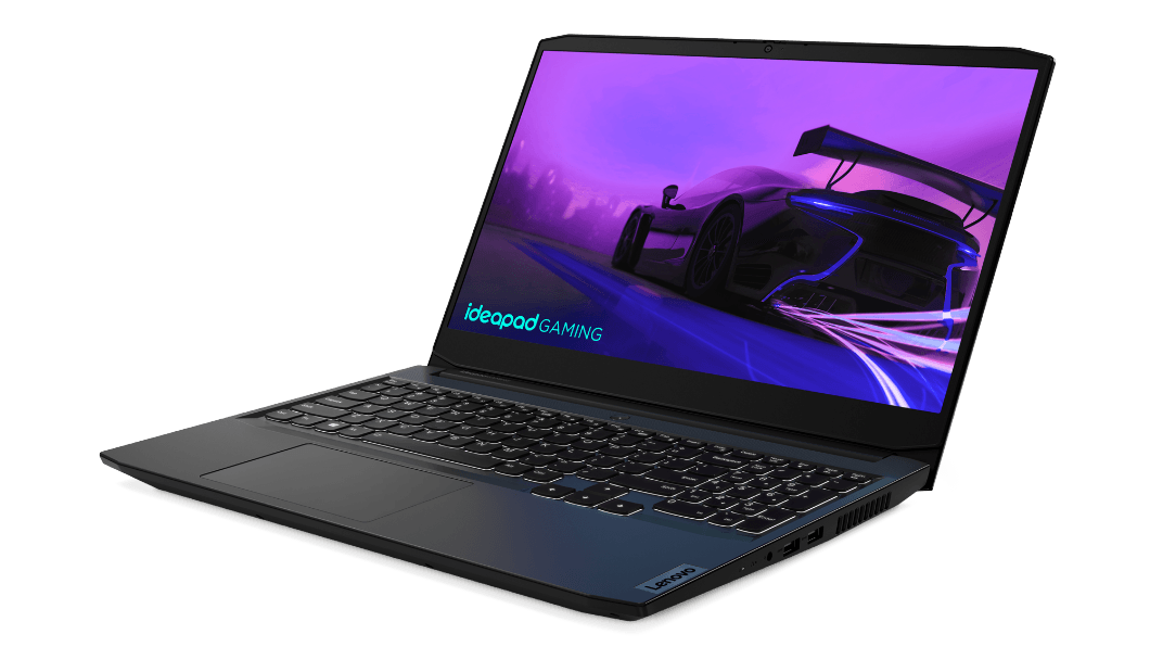 Lenovo IdeaPad Gaming 3i Gen 6 (15” Intel) laptop—3/4 right-front view with lid open and image of racecar on the display