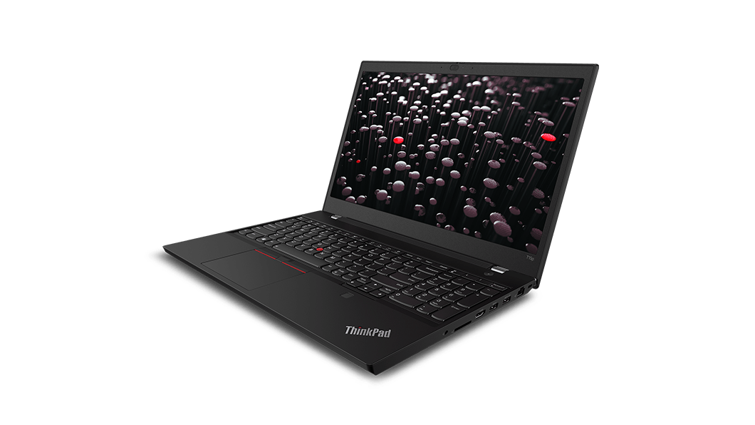 Front facing Lenovo ThinkPad T15p Gen 2 mobile workstation angled to show right side ports, keyboard, and screen.