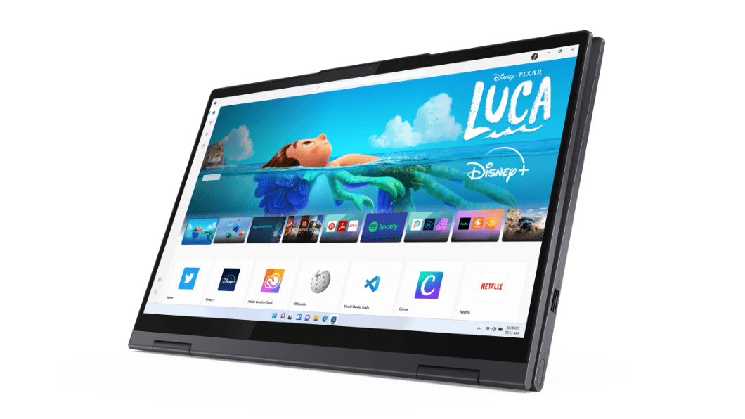 Lenovo Yoga 7 (14'' AMD), vista laterale, in modalità tablet, con schermo Full HD.