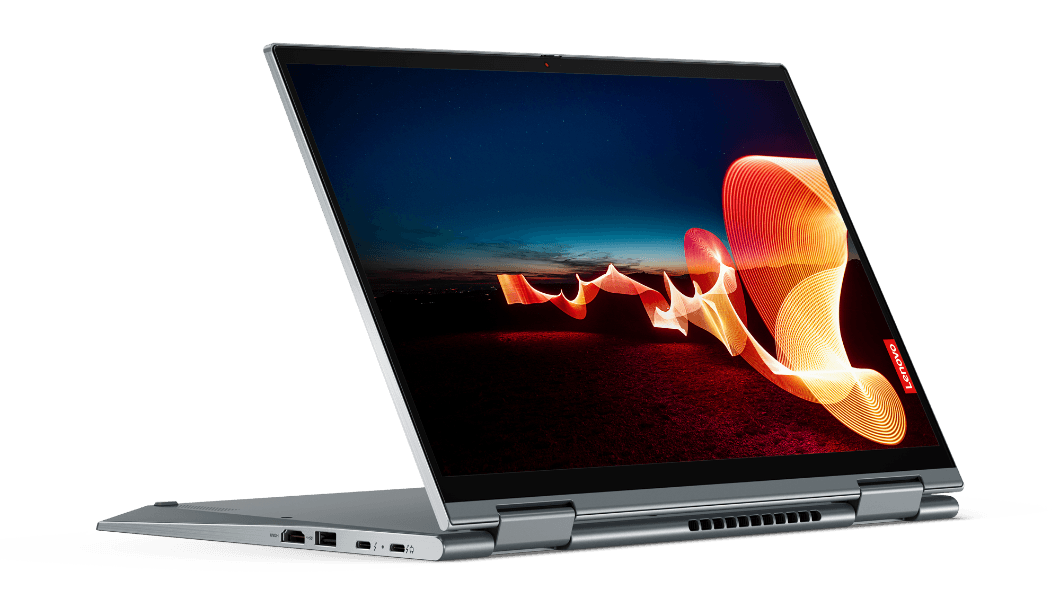 14'' Lenovo ThinkPad X1 Yoga Gen 6 2-in-1 -kannettava jalustamuodossa.