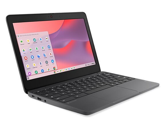 Left-side front view of Lenovo 100e Chromebook Gen 4, opened at an angle, showing display, full keyboard, & left-side ports