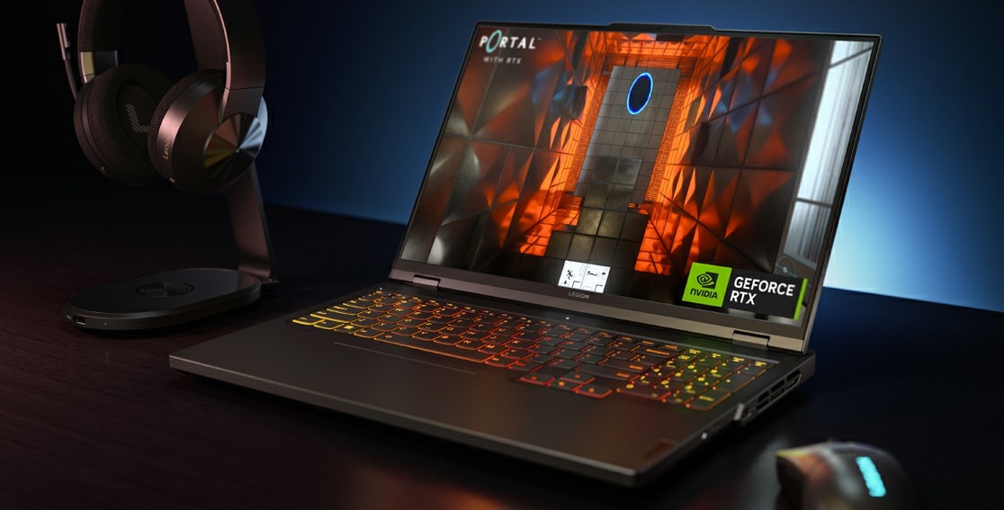 Legion 5 Pro Gen 8 (16″ AMD) on table with headset and mouse (sold separately) and NVIDIA® graphics on the screen