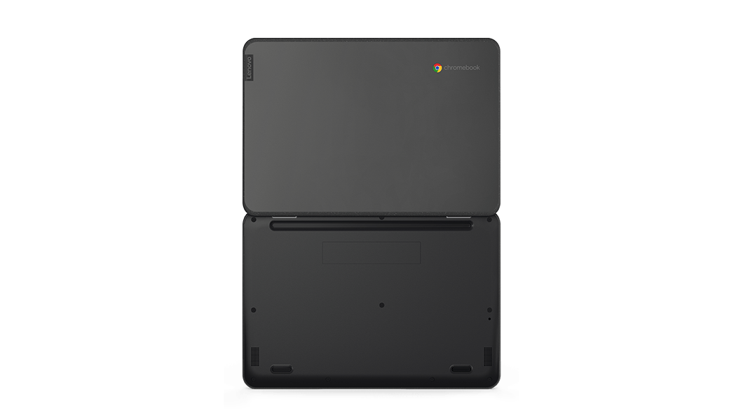 Overhead shot of Lenovo 100e Chromebook Gen 3 open 180 degrees showing top and bottom covers.