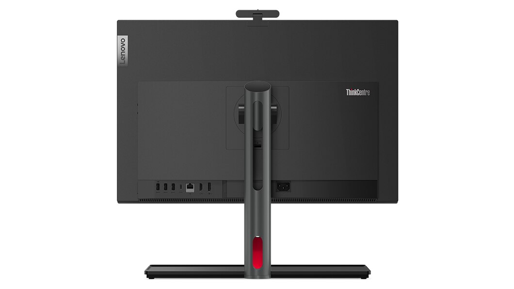 Rear view of ThinkCentre M90a Gen 3 AIO on Full Function Monitor Stand, showing rear panel and ports