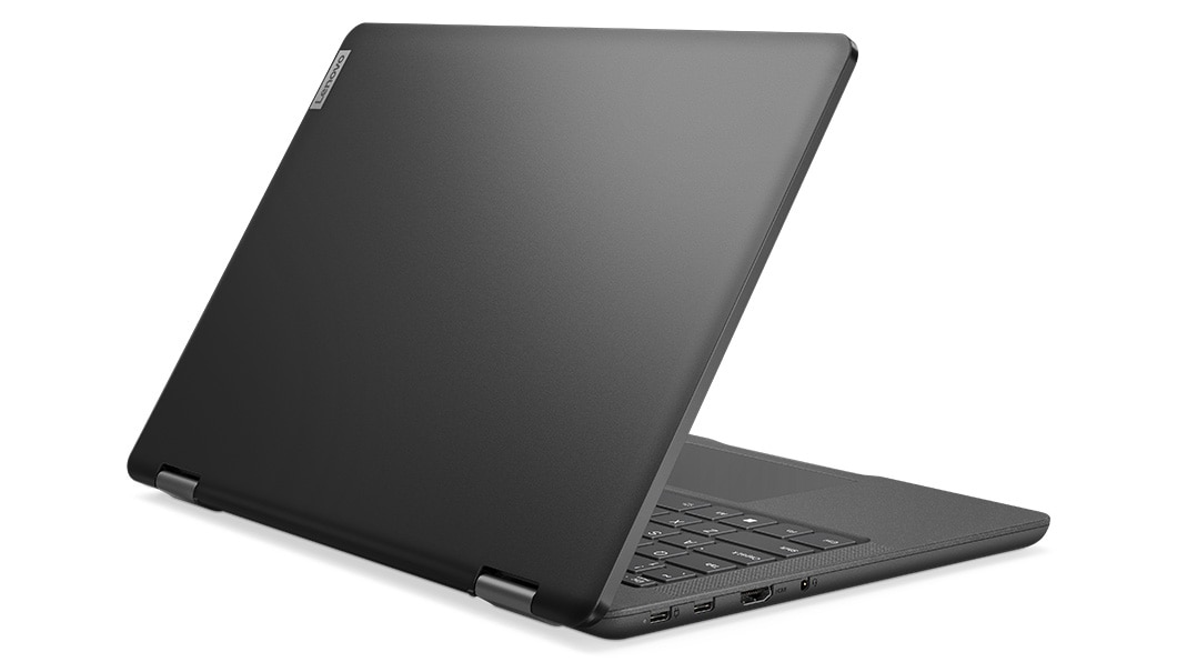Lenovo 13w Yoga Gen 2 (13” AMD) 2-in-1 laptop—left rear view in laptop mode, with lid partially open
