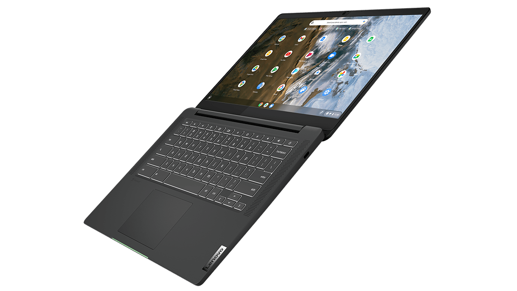 Ansicht von oben rechts auf das IdeaPad 5i Chromebook Gen 6 (14” Intel) um 180 Grad geöffnet, mit Tastatur, Display und Touchpad