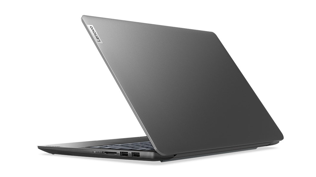 Rear left three-quarter view of Storm Grey Lenovo IdeaPad 5i Pro Gen 7 laptop PC.