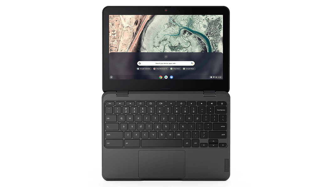 Lenovo 100e Chromebook Gen 3-laptop, bovenaanzicht van scherm en toetsenbord