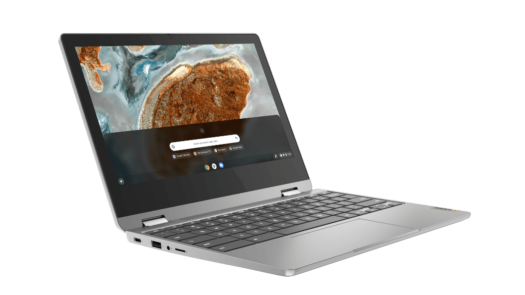 IdeaPad Flex 3 Chromebook Gen 6 (11'' MTK), Vorderansicht von schräg rechts, geöffnet, Display eingeschaltet