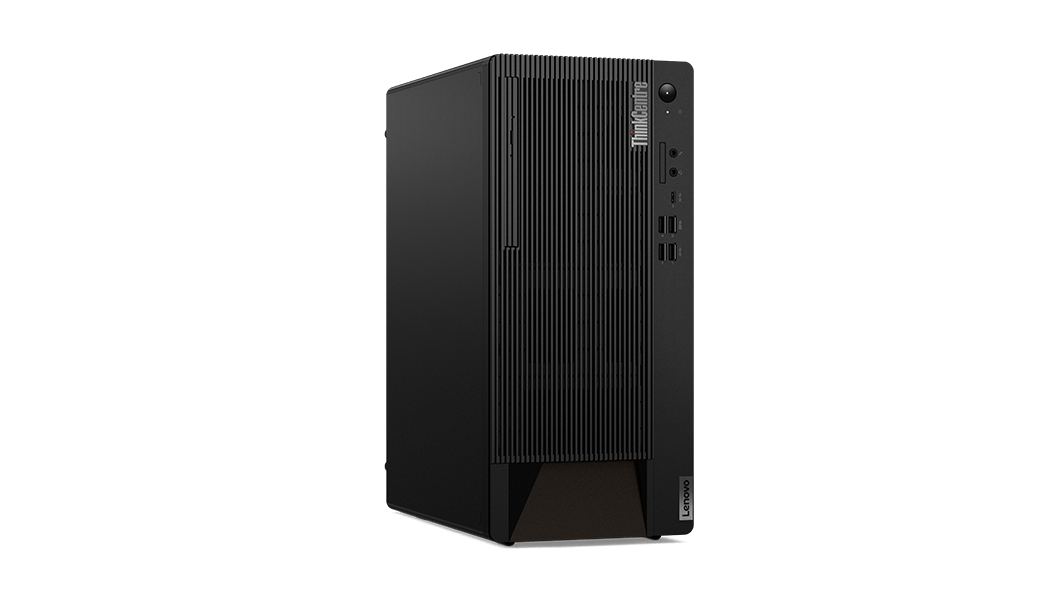Front facing Lenovo ThinkCentre M90t Gen 2 tower positioned vertically, slightly angled to show left side.