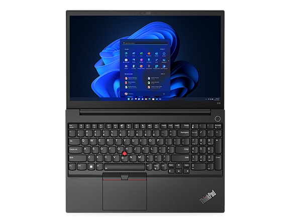 Aerial view of ThinkPad E14 Gen 4 business laptop, opened 180 degrees flat, showing keyboard, display with Windows 11, and optional earphone tray