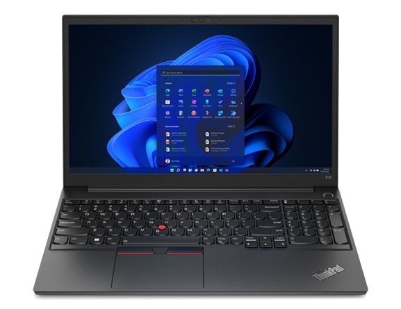 Lenovo ThinkPad E15 Gen 4 (15 tuumaa, AMD) ‑kannettava edestä kuvattuna, avattuna, näyttö ja näppäimistö näkyvissä