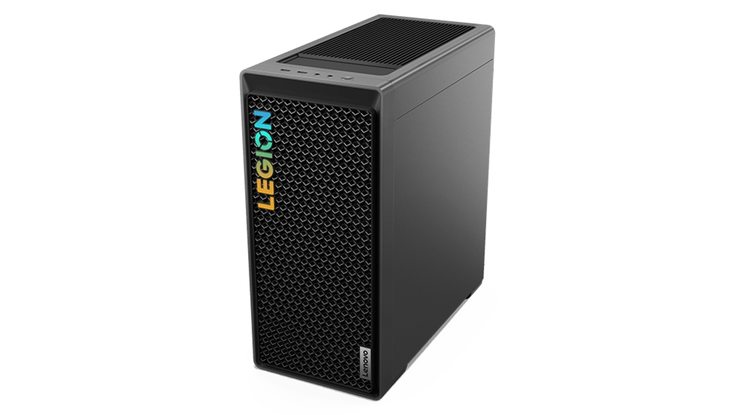 High-angle, front-right corner view of the Legion Tower 5i Gen 8 (Intel) gaming PC, showing the top-facing ports, mesh vented front bezel, and impressive Legion logo.