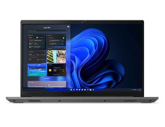 Lenovo ThinkBook 15 Gen 4 (15 tuumaa, AMD) -kannettava – edestä kuvattuna, kansi avattuna, useita Windows 11 -pienoisohjelmia avattuina
