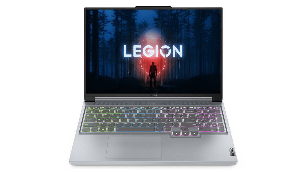 Front-facing view of Lenovo Legion Slim 5 Gen 8 laptop with display on and RGB keyboard