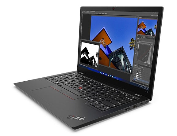 ThinkPad L13 Gen 3 ‑kannettava edestä kuvattuna, käännettynä vasemmalle