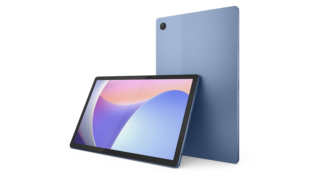 Left-facing Abyss Blue IdeaPad Duet 3i in tablet mode with folio case in the background.