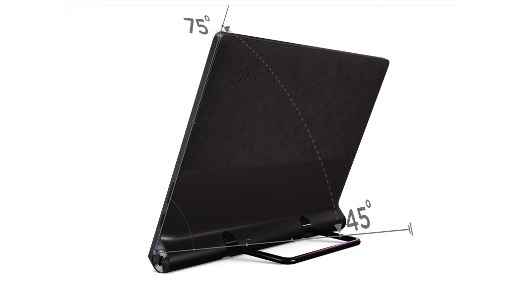 Imagen de la tablet Lenovo Yoga Tab 13 parada en su soporte en ángulo