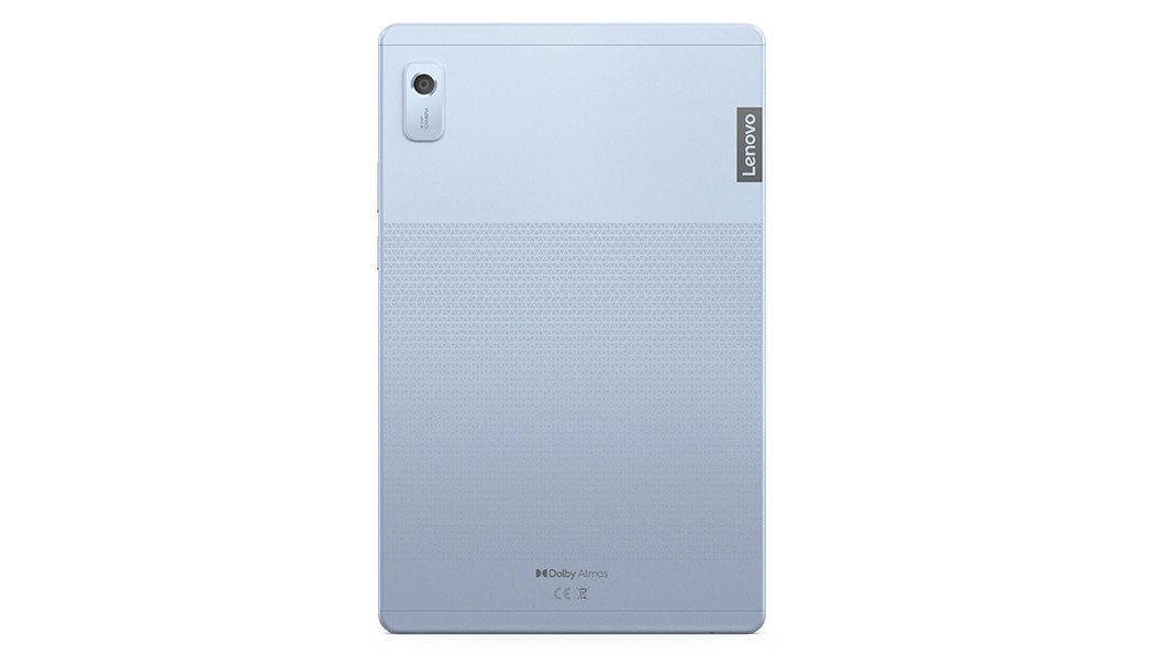Frost Blue -värinen Lenovo Tab M9 -tabletti takaa kuvattuna