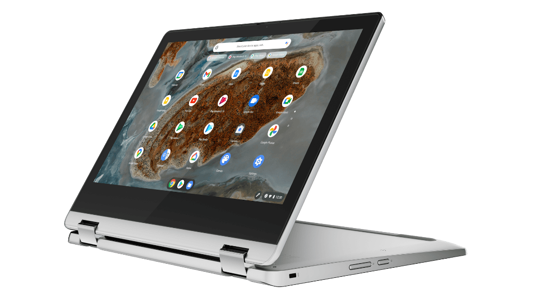 IdeaPad Flex 3 Chromebook Gen 6 (11'' MTK) Stand-Modus, Vorderansicht von schräg links, Display eingeschaltet